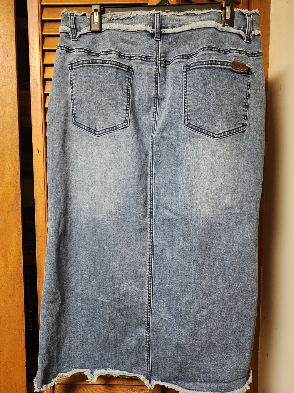 Frayed Hem Light Blue Denim Midi Skirt